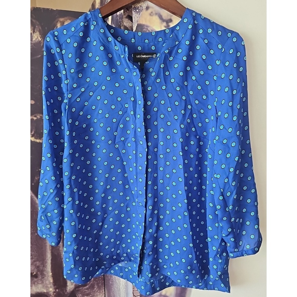 LIZ CLAIBORNE CAREER Women's Vintage Blue‎ Polka Dot Button Blouse Shirt Size S
